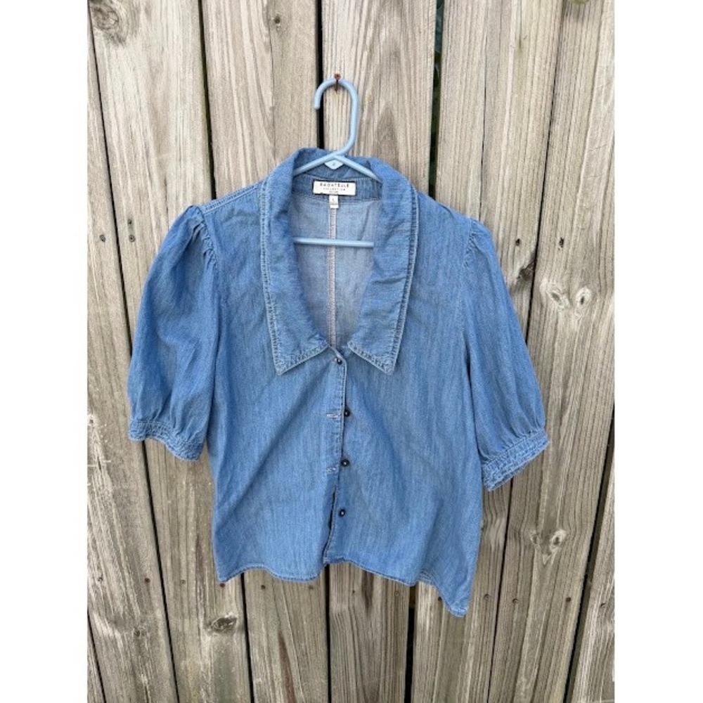 Cottagecore Boho Bagatelle Collection Denim Top Large Blue Puff Sleeve Smocked